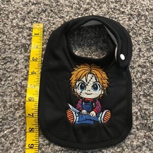 Chucky Black Baby Bib with Embroidered Doll Design